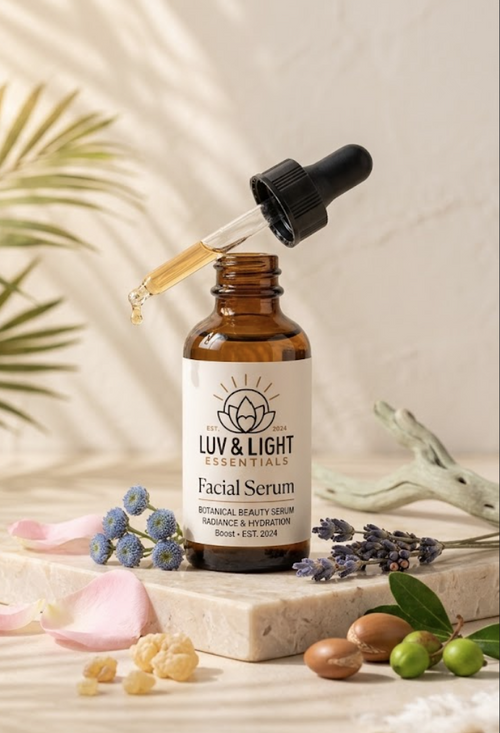 LUV & LIGHT Essentials facial serum bottle with dropper on a natural background